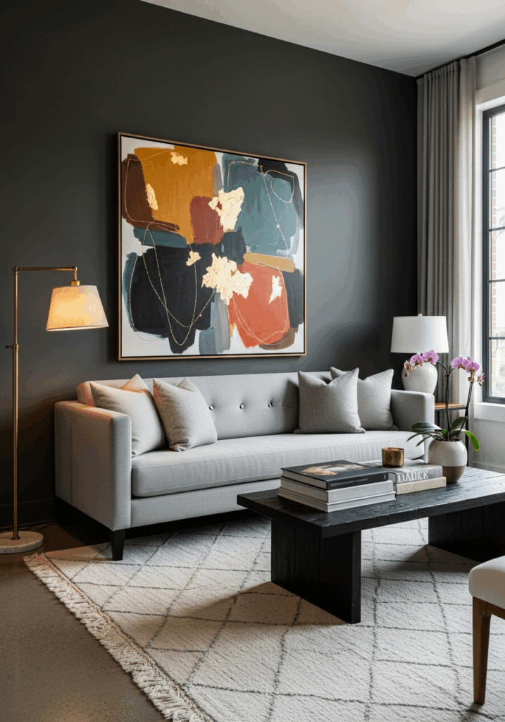 Modern Living Room with Charcoal Gray Accent Wall and Gold Decor