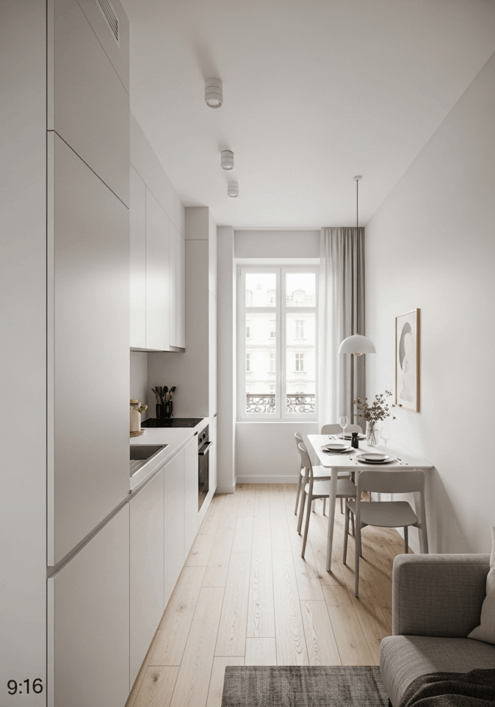 One Wall Kitchen and Parallel Dining Floor Plan