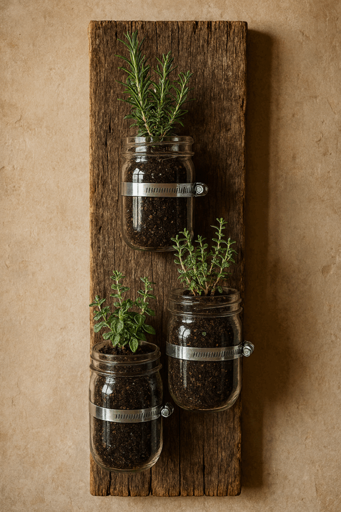 Rustic DIY Mason Jar Wall Mounted Herb Garden