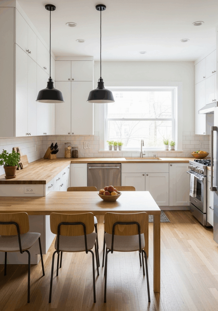 Space Saving L Shaped Kitchen with Connected Dining Peninsula