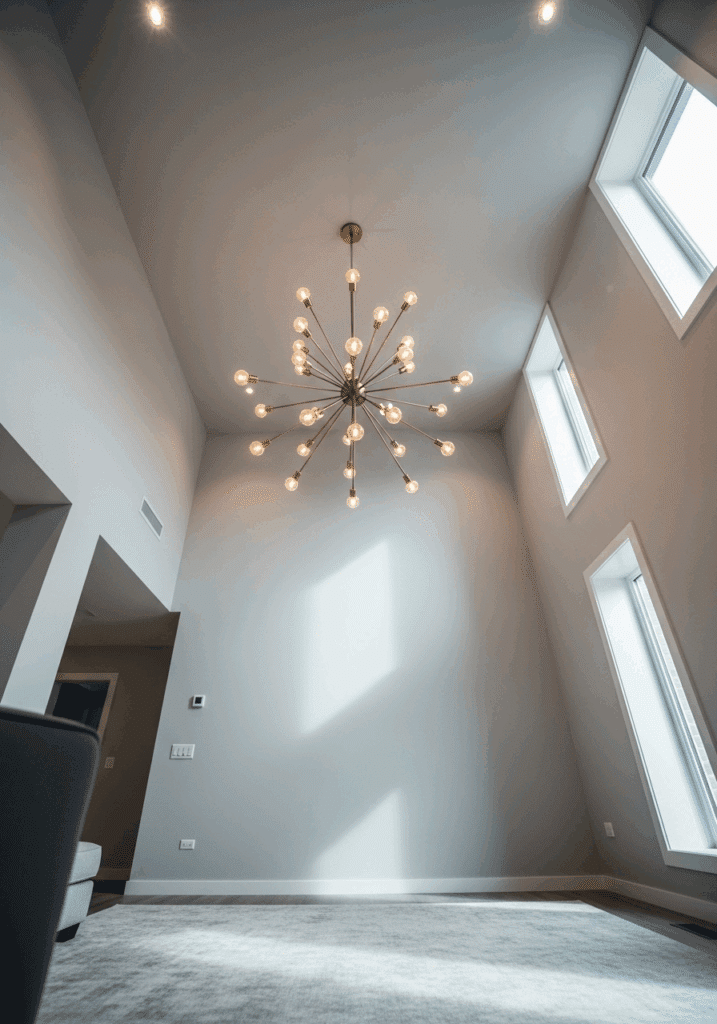 Statement Gold Chandelier for a Modern Gray Living Room