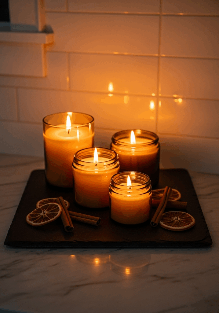 Warm Scented Candle Vignette for Fall Kitchen Counter Decor